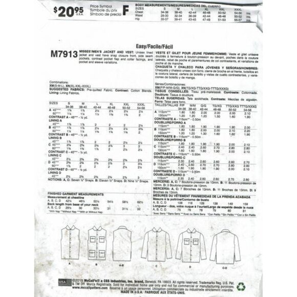 McCalls Sewing Pattern 7913 Adult Jacket Vest - Picture 2 of 2